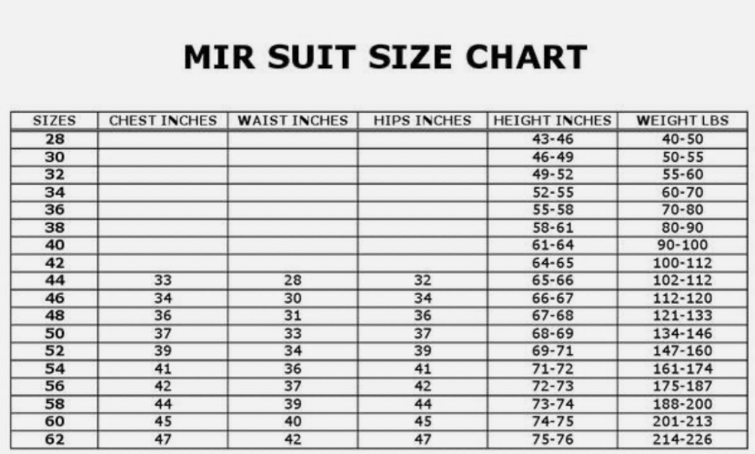 MIR Suit Size Chart